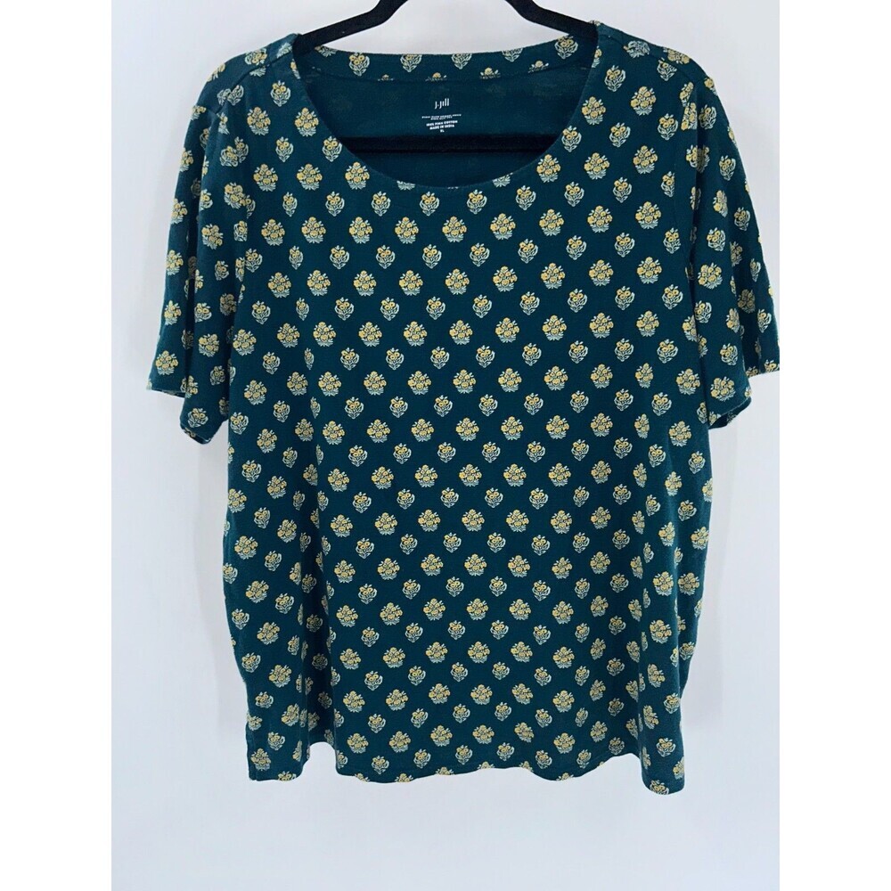 Women's J Jill Pima Slub Scoop Neck Side Slit Floral Tee Size XL